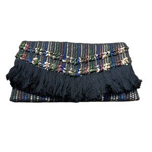 Stella and Dot Handwoven Boho Chic Fringe Foldover Clutch Purse With Multicolor